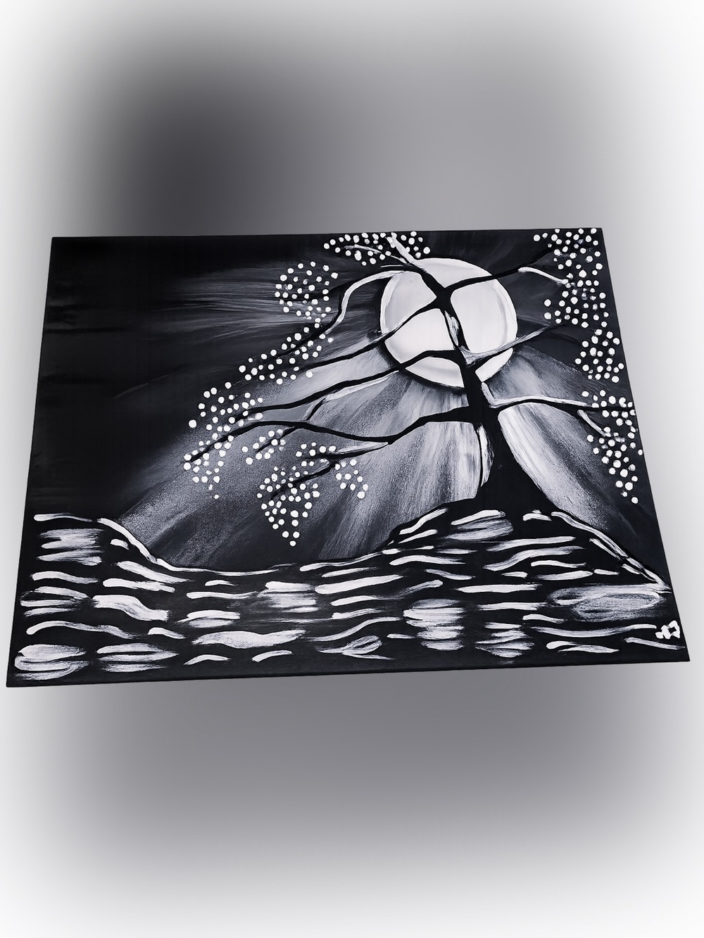 Hand Crafted Black & White Moonlit Tree Painting
